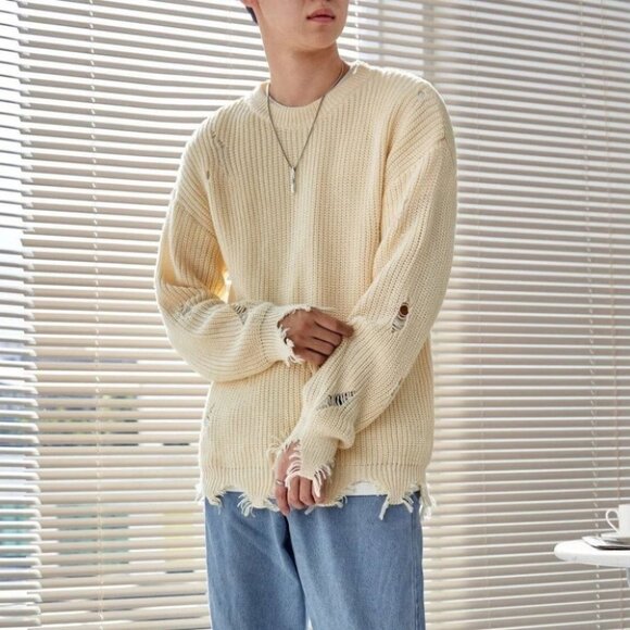 Cream Mens Distressed Sweater - Picture 1 of 5